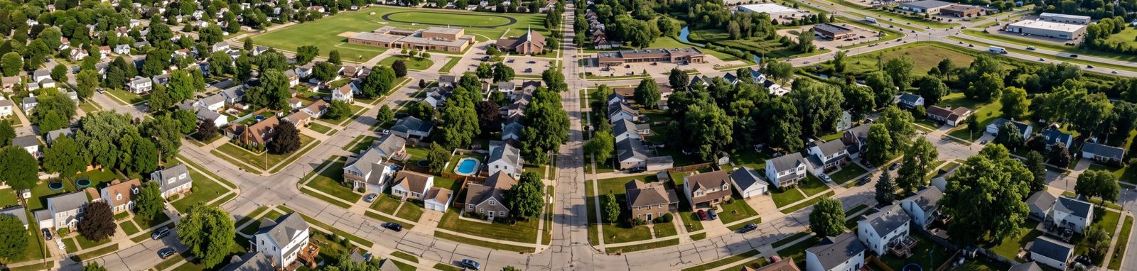 Aerial view of tree-lined West Michigan streets