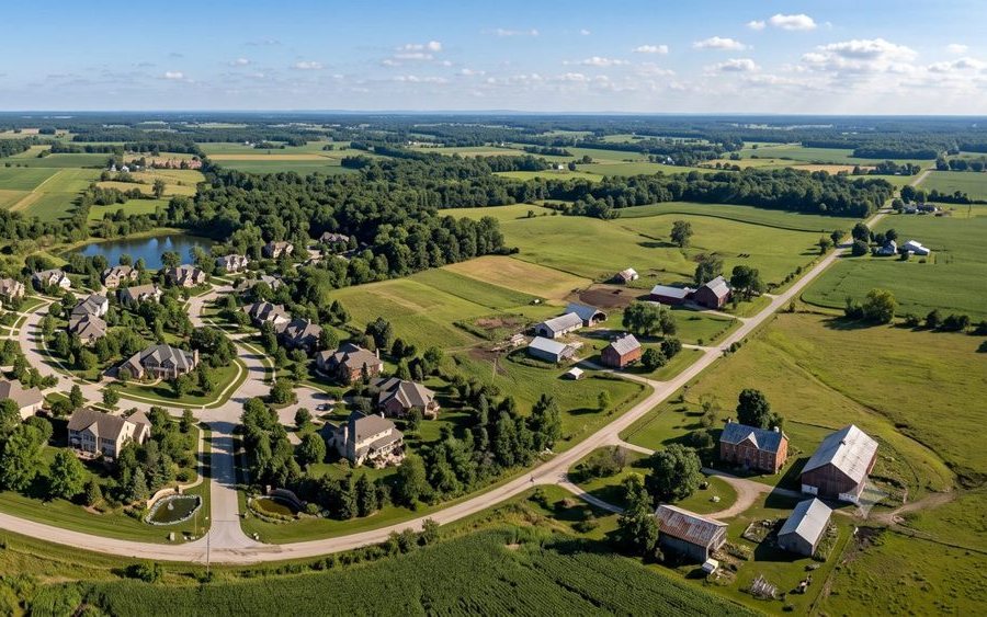 Aerial view of a West Michigan neighborhood and farmland